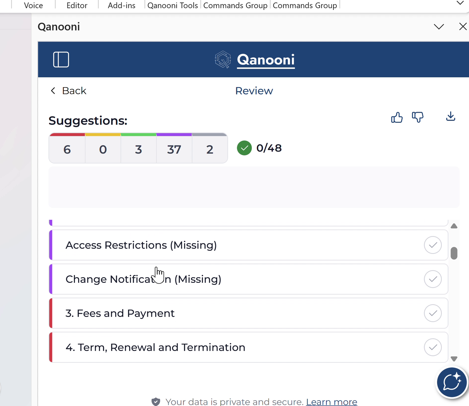 Qanooni Review showing findings on the fictional master services agreement, including missing access restrictions and change notification