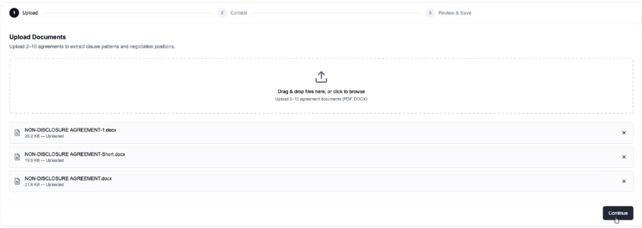 Three historic NDA files uploaded in Qanooni Playbooks before AI analysis