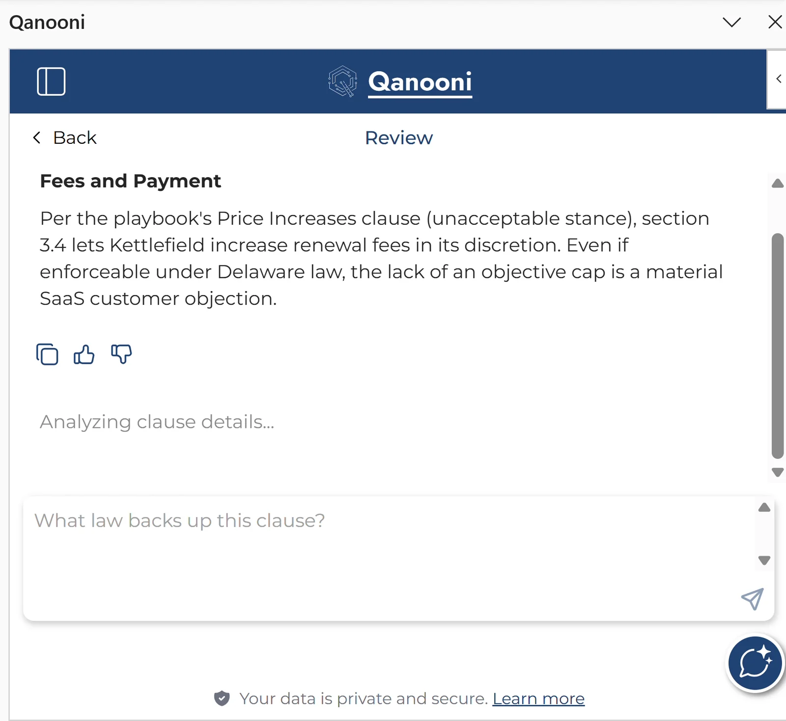 Qanooni's review of a fictional Kettlefield fees clause, identifying a playbook objection to discretionary renewal price increases.