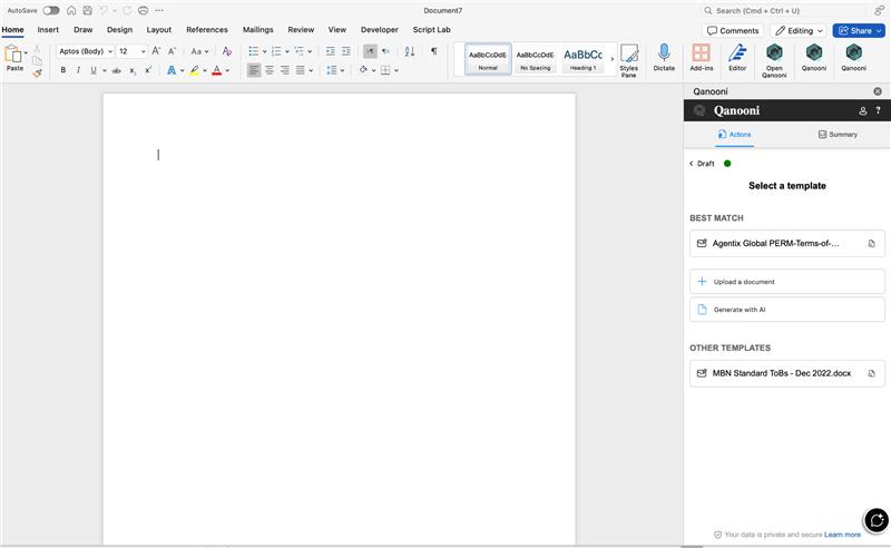 Qanooni Microsoft Word plugin interface showing options to use precedent, upload a document, or generate with AI