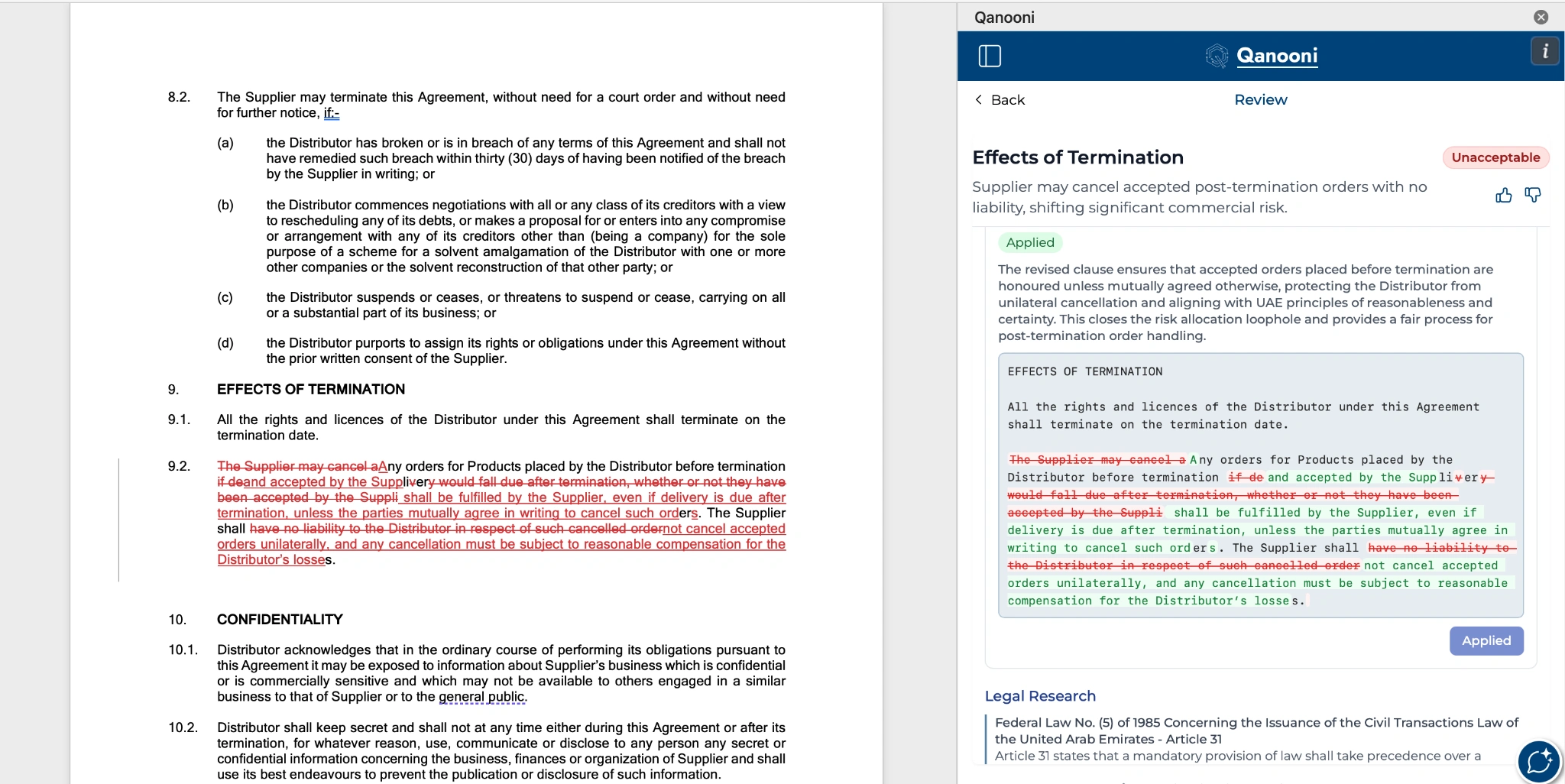 Word review with clause‑level citations to legal authority